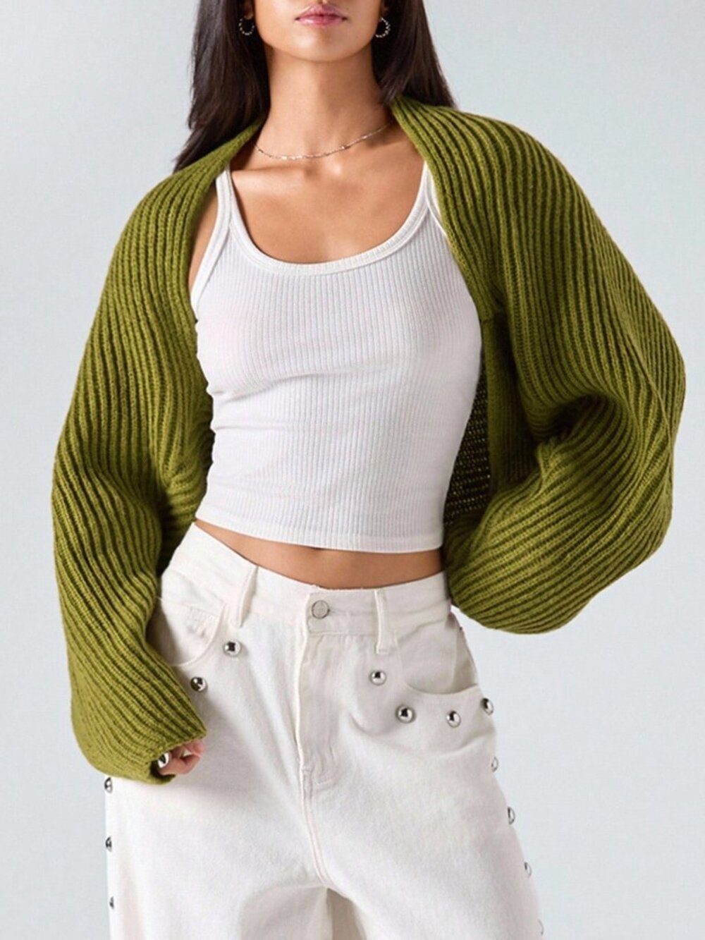 Green Casual Women's Ribbed Knit Oversized Raglan Plain Short Cropped Cardigan